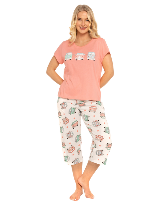 Coral Campervan 100% Cotton Short Sleeved Cropped Leg Pyjamas