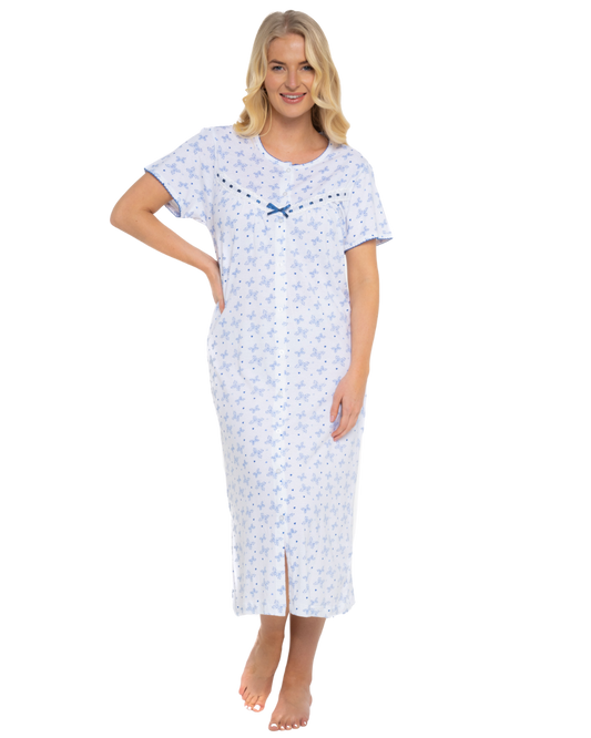 Butterfly Print 100% Cotton Jersey Button Through Nightdress