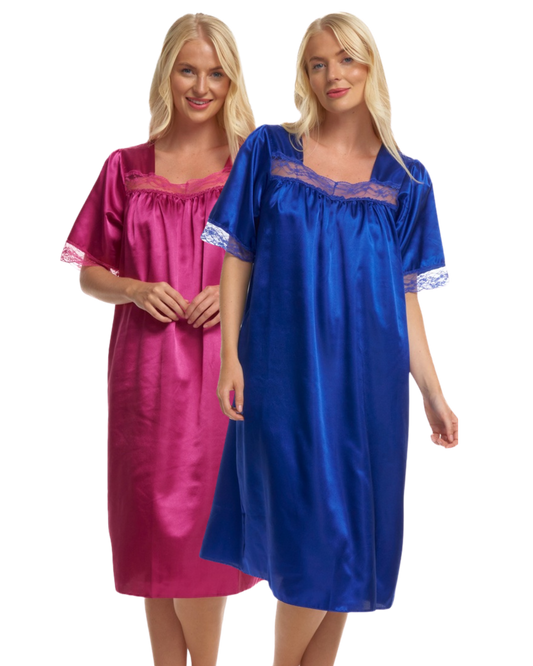 Short Sleeved Lace Trim Satin Nightdress