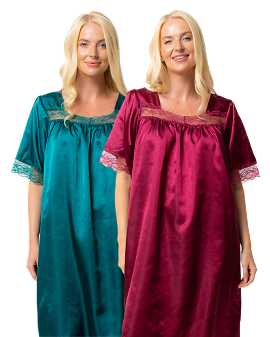 Short Sleeved Lace Trim Satin Nightdress