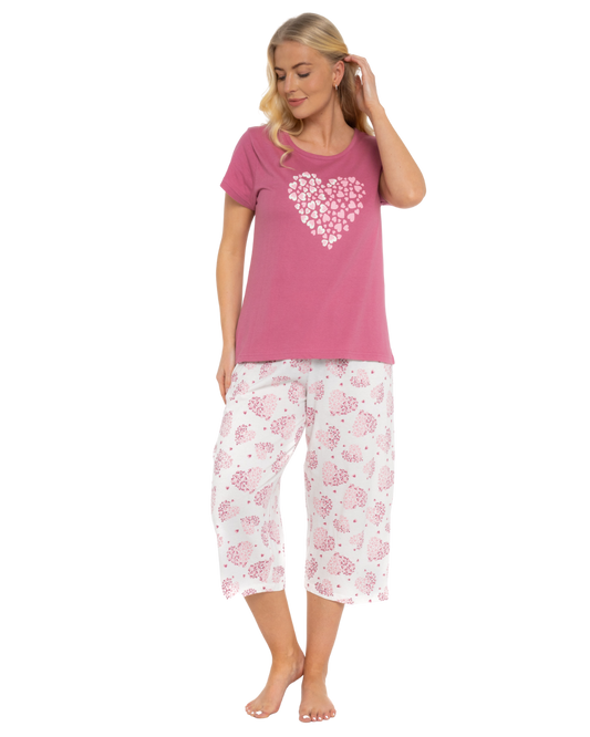 Raspberry Heart 100% Cotton Short Sleeved Crop Leg Pyjamas