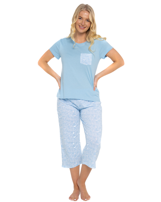 Soft Blue Lace Butterfly 100% Cotton Short Sleeved Cropped Leg Pyjamas