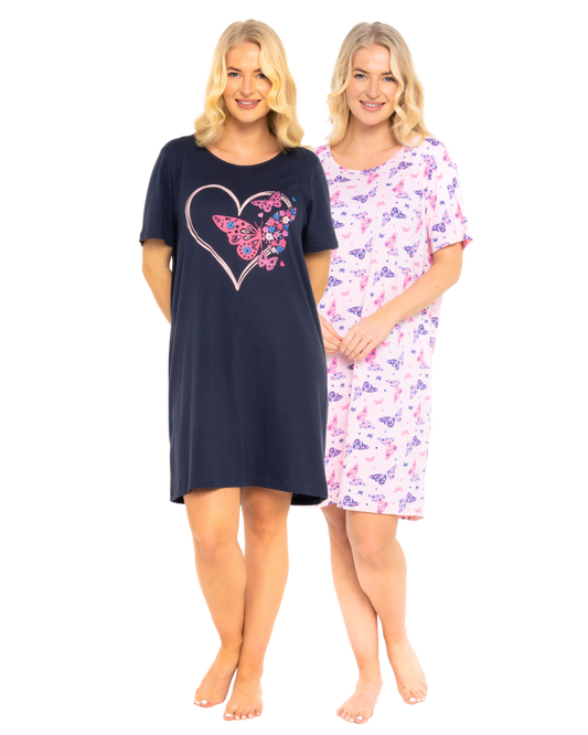 Pack of 2 Navy Sumer Heart 100% Cotton Nightshirts