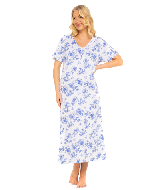 China Blue Floral 100% Cotton Plus Size Nightdress