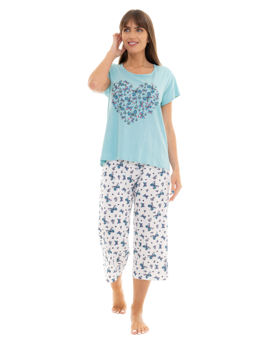 Duck Egg Butterfly 100% Cotton Short Sleeved Cropped Leg Pyjamas