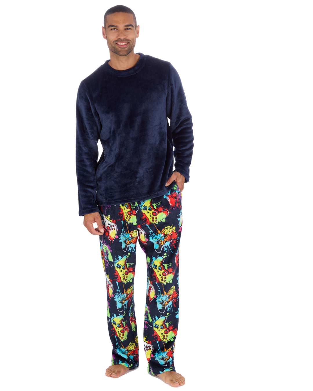 Mens Supersoft Gamer Print  Long Sleeve Fleece Trouser Pyjamas