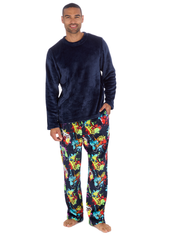 Mens Supersoft Gamer Print  Long Sleeve Fleece Trouser Pyjamas