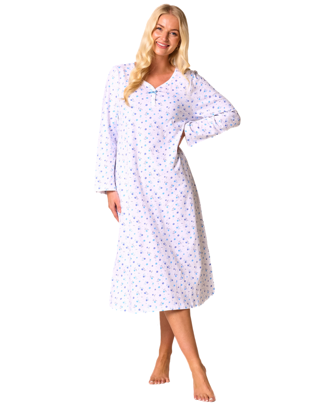 Ditsy Floral Print 100% Cotton Jersey Long Sleeve Nightshirt