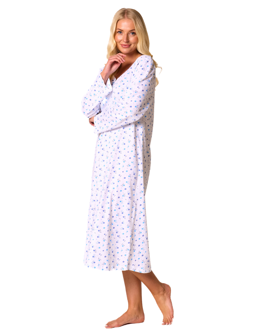 Ditsy Floral Print 100% Cotton Jersey Long Sleeve Nightshirt