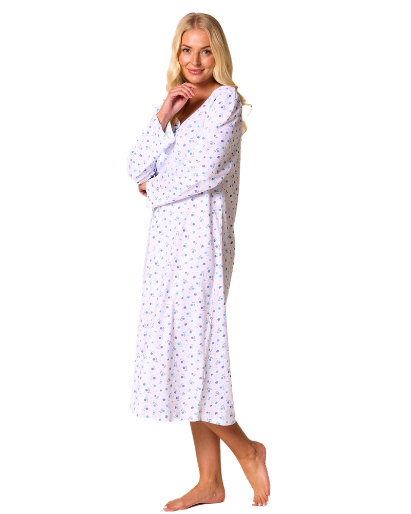 Ditsy Floral Print 100% Cotton Jersey Long Sleeve Nightshirt