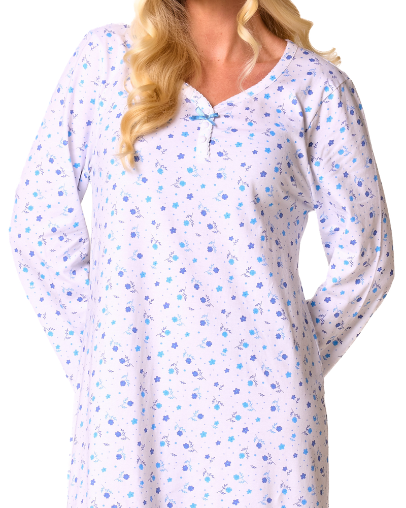 Ditsy Floral Print 100% Cotton Jersey Long Sleeve Nightshirt
