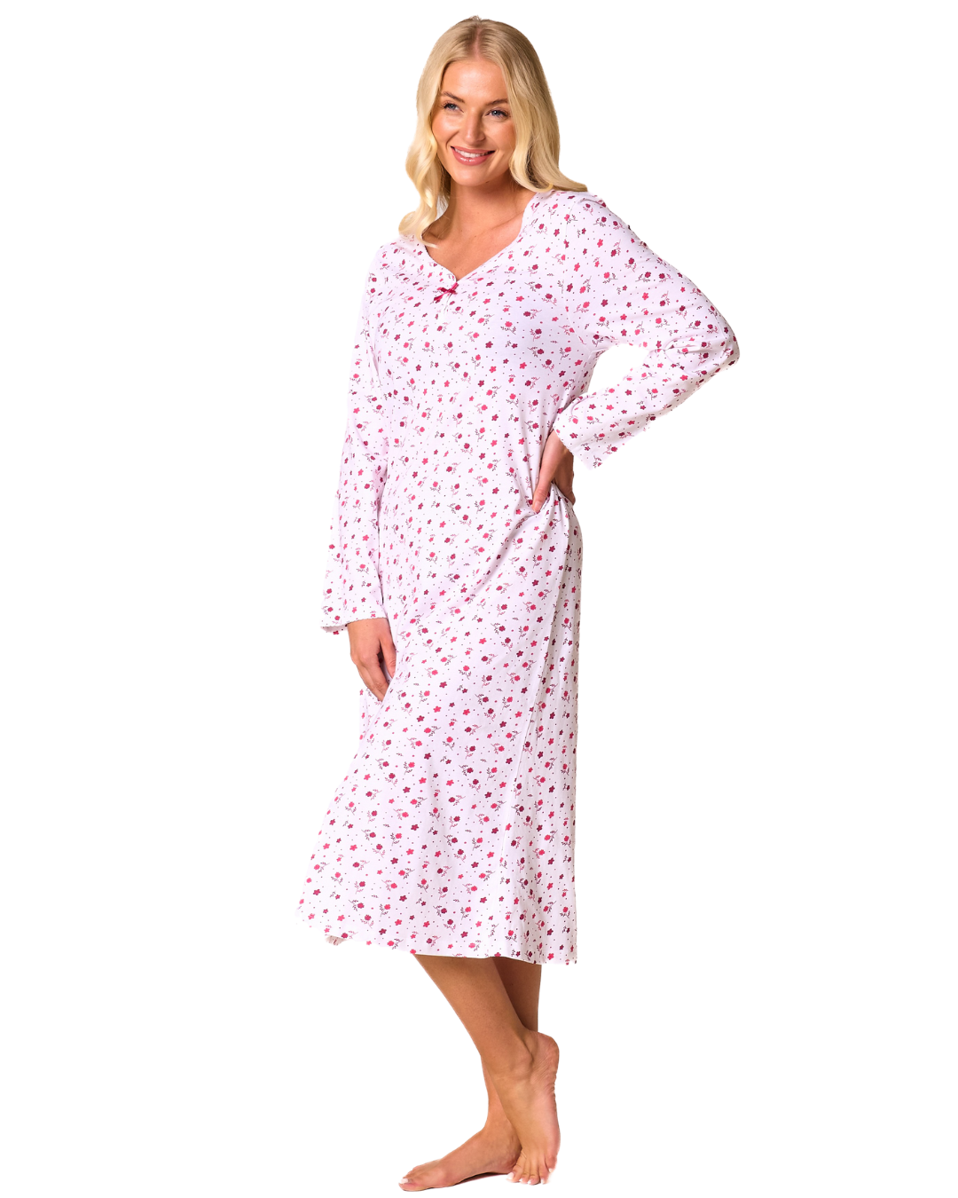 Ditsy Floral Print 100% Cotton Jersey Long Sleeve Nightshirt