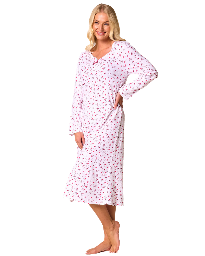 Ditsy Floral Print 100% Cotton Jersey Long Sleeve Nightshirt