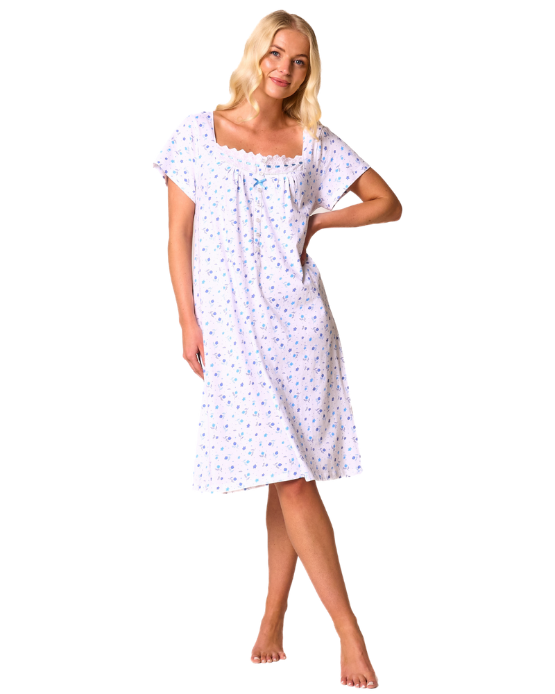 Ditsy Floral Print 100% Cotton Jersey Short Sleeve Nightdress