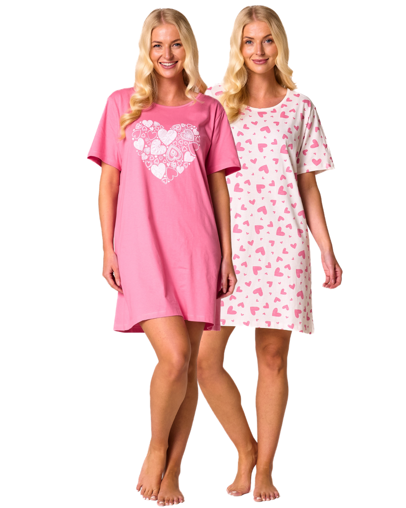 Women's 100% Cotton Pack of 2 Pink Heart Nightshirts