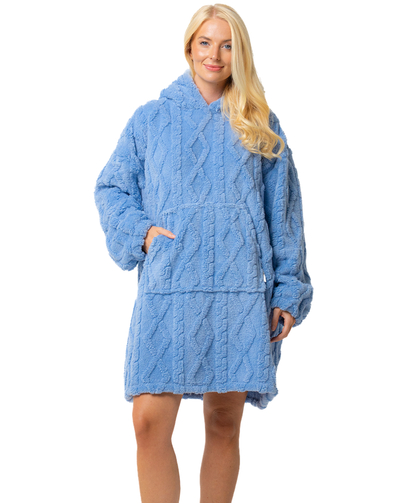 Blue Cableknit Fleece Oversized Lounger Hoodie