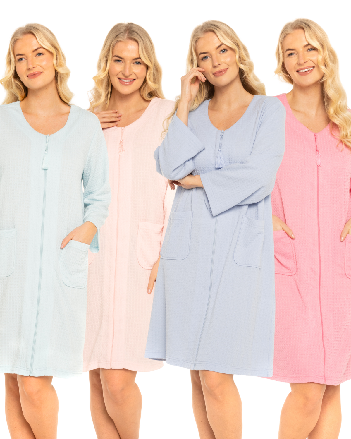 Women's Waffle Mid Weight Long Sleeve Mid Length Zip Dressing Gown with Front Pockets