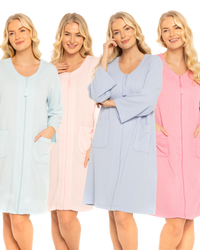 Women's Waffle Mid Weight Long Sleeve Mid Length Zip Dressing Gown with Front Pockets