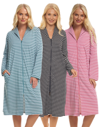 Women's 100% Cotton Lightweight Stripe Zip Dressing Gown with Side Pockets