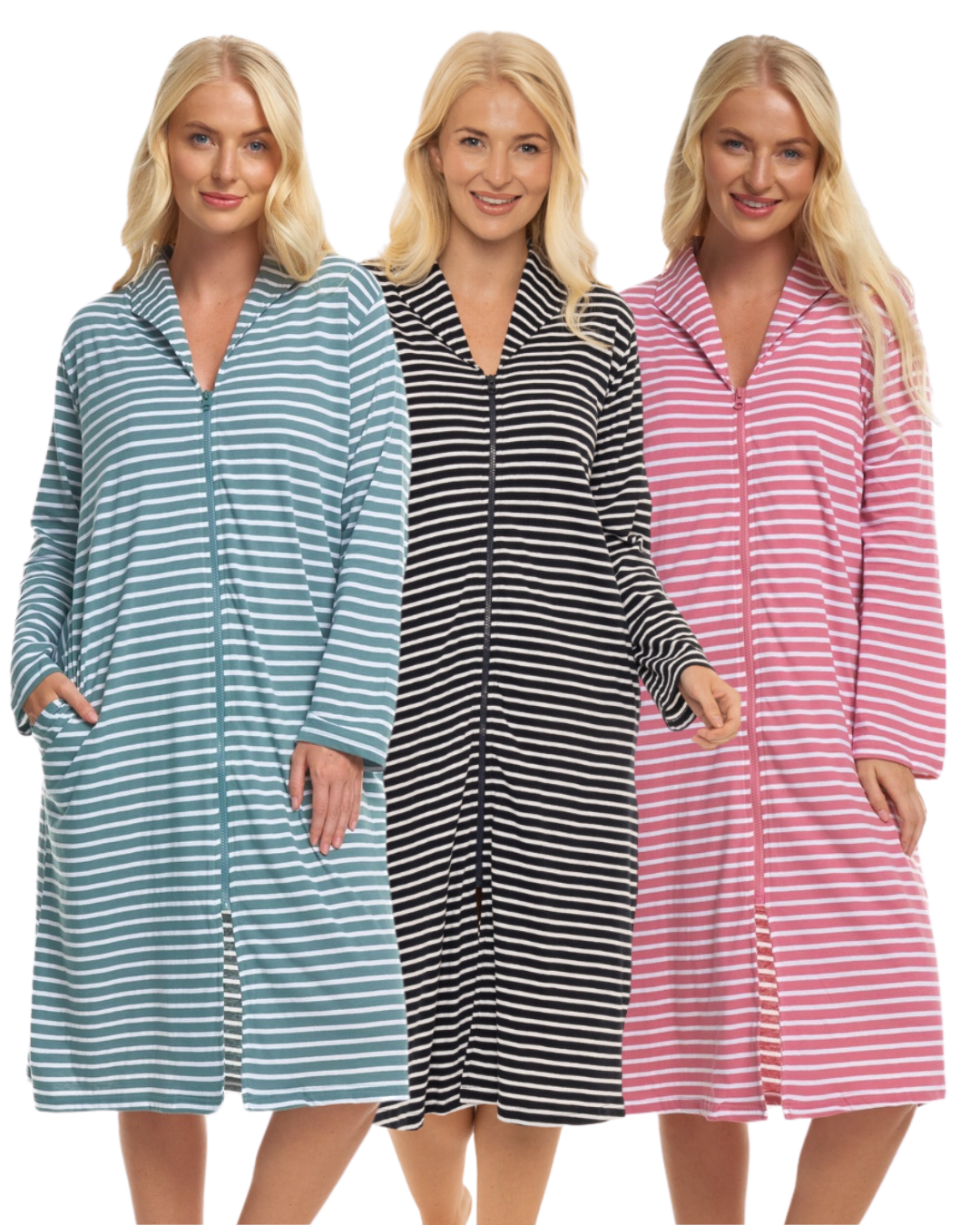 Women's 100% Cotton Lightweight Stripe Zip Dressing Gown with Side Pockets