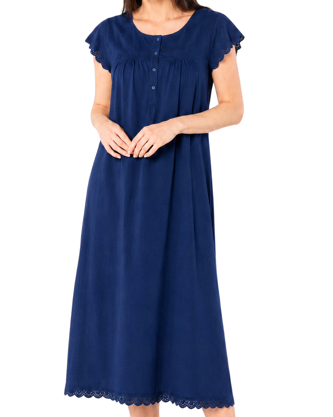 Women's 100% Jersey Cotton Short Sleeve Nightdress With Broderie Anglais Trim