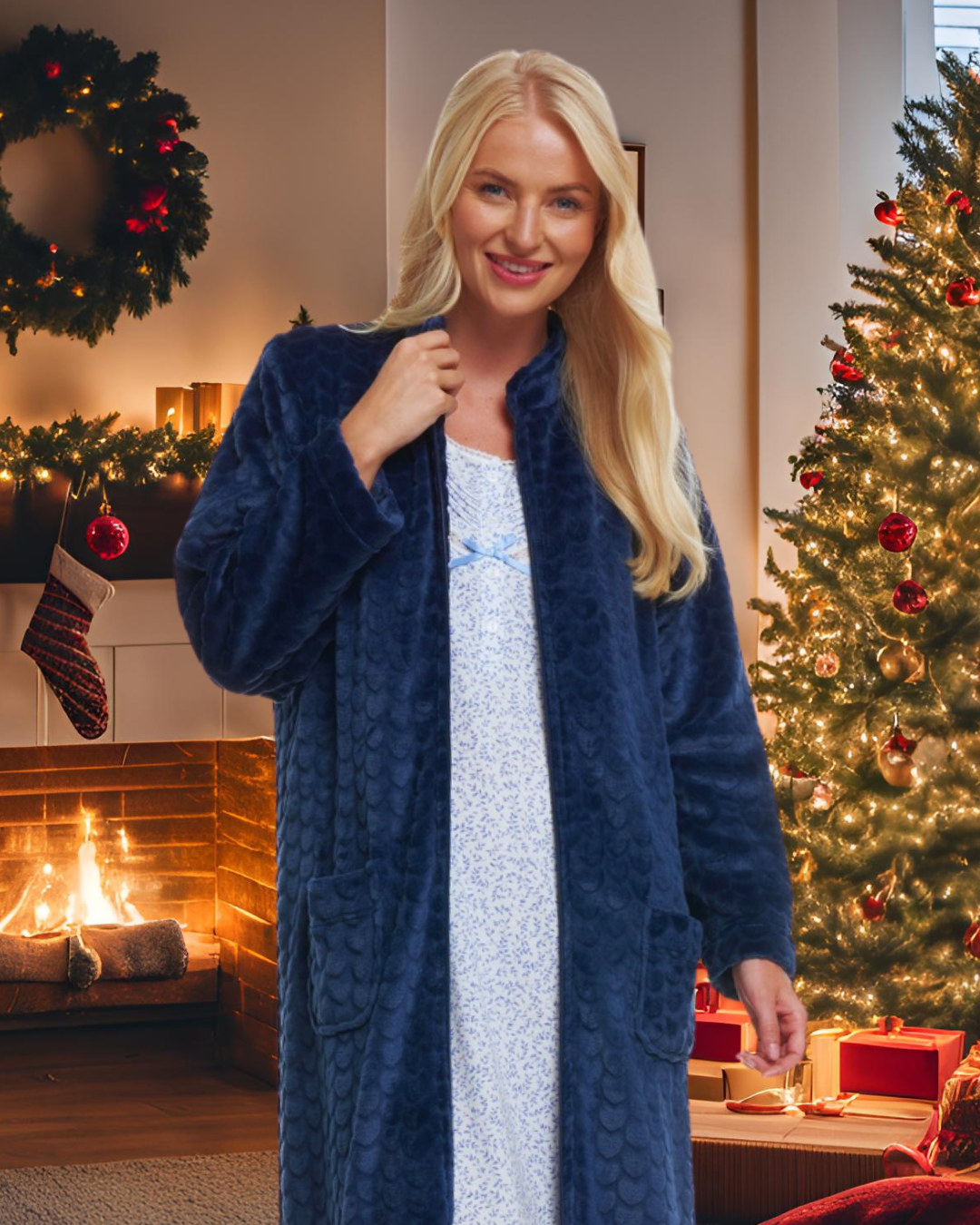 Women's Embossed Fleece Zip Dressing Gown with Front Pockets