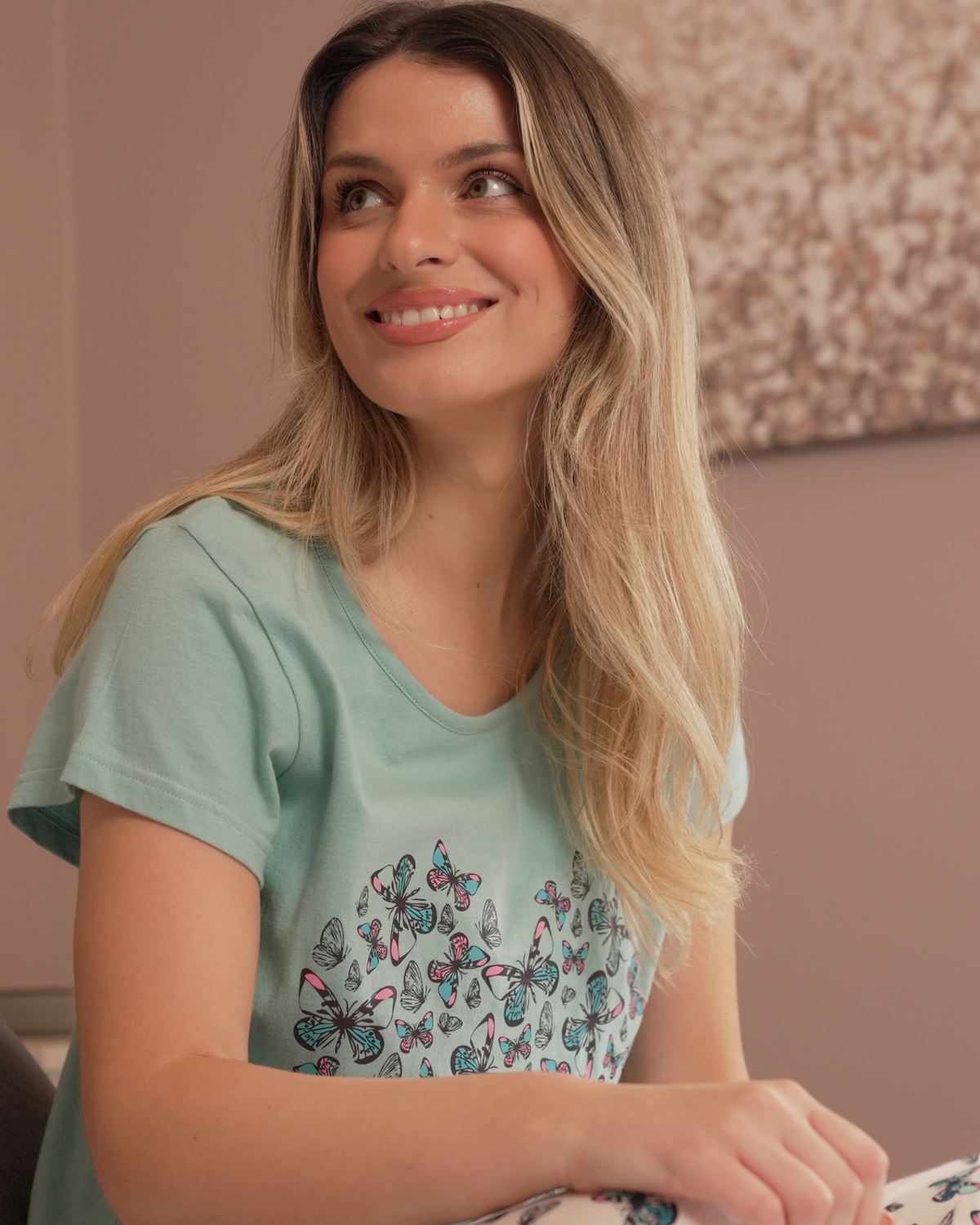 Women's Duck Egg Butterfly 100% Cotton Short Sleeved Cropped Leg Pyjamas