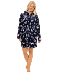 Women's Snowflake Fleece Zip & Tie Waist Hooded Short Dressing Gown wit Pockets