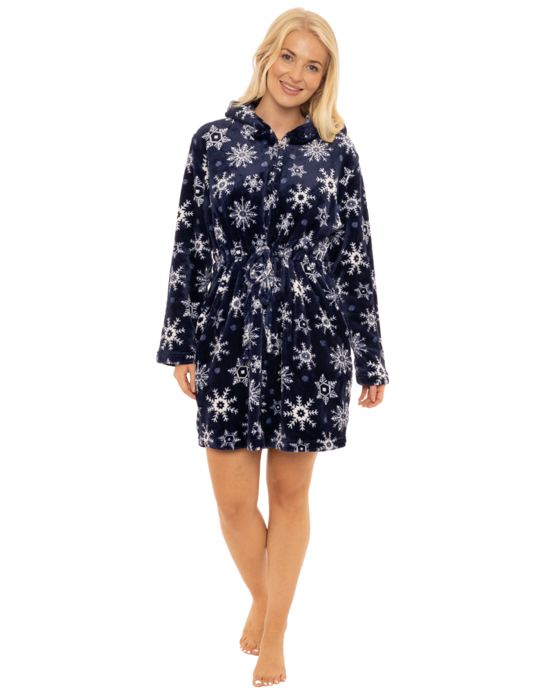Women's Snowflake Fleece Zip & Tie Waist Hooded Short Dressing Gown wit Pockets