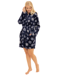 Women's Snowflake Fleece Zip & Tie Waist Hooded Short Dressing Gown wit Pockets