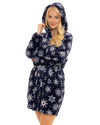 Women's Snowflake Fleece Zip & Tie Waist Hooded Short Dressing Gown wit Pockets