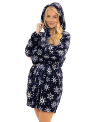 Women's Snowflake Fleece Zip & Tie Waist Hooded Short Dressing Gown wit Pockets
