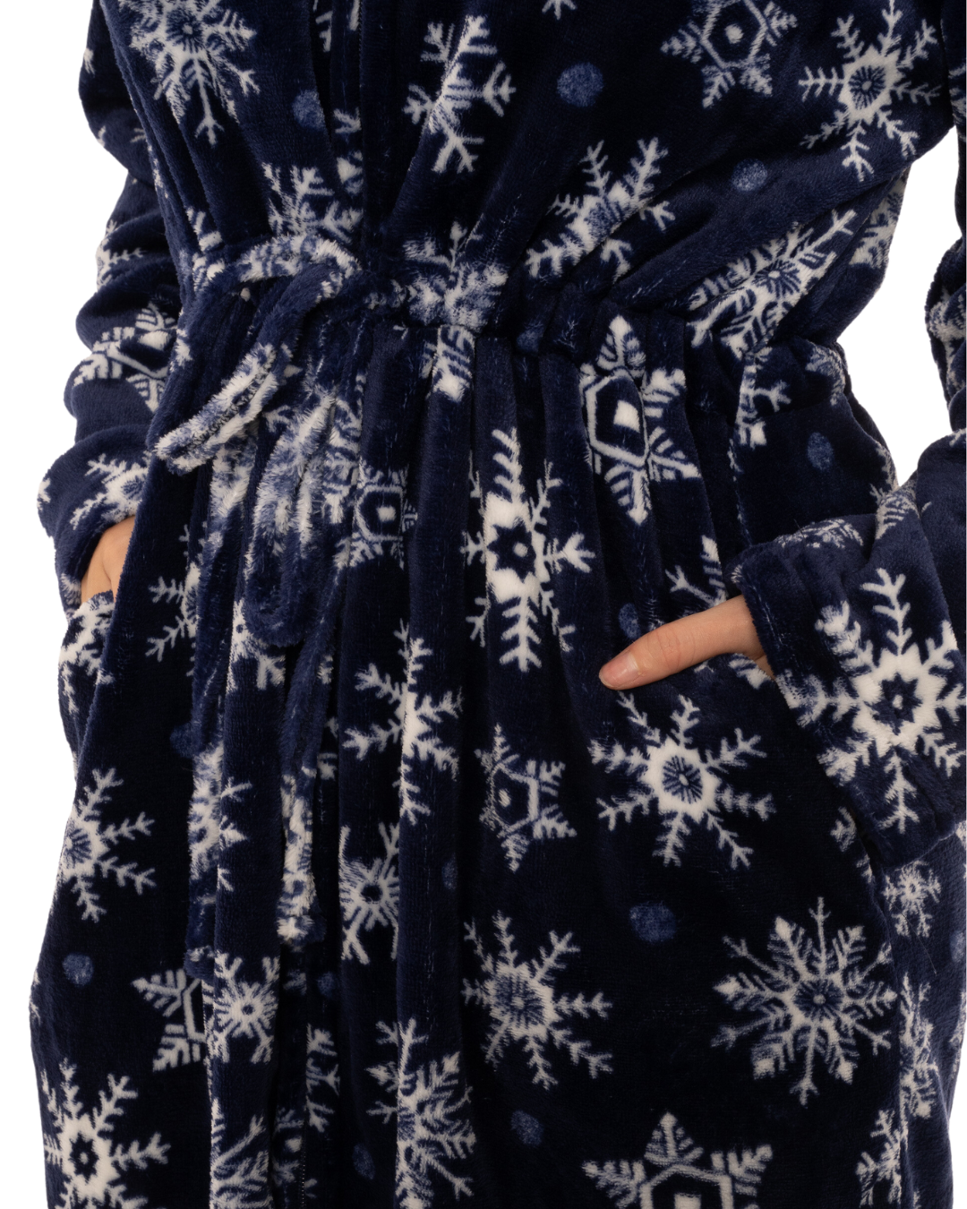 Women's Snowflake Fleece Zip & Tie Waist Hooded Short Dressing Gown wit Pockets