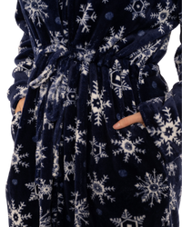Women's Snowflake Fleece Zip & Tie Waist Hooded Short Dressing Gown wit Pockets
