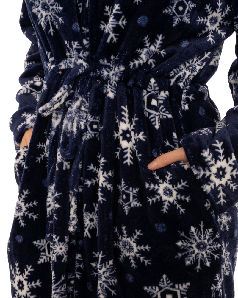 Women's Snowflake Fleece Zip & Tie Waist Hooded Short Dressing Gown wit Pockets