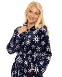 Women's Snowflake Fleece Zip & Tie Waist Hooded Short Dressing Gown wit Pockets