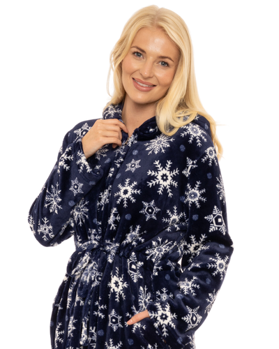 Women's Snowflake Fleece Zip & Tie Waist Hooded Short Dressing Gown wit Pockets