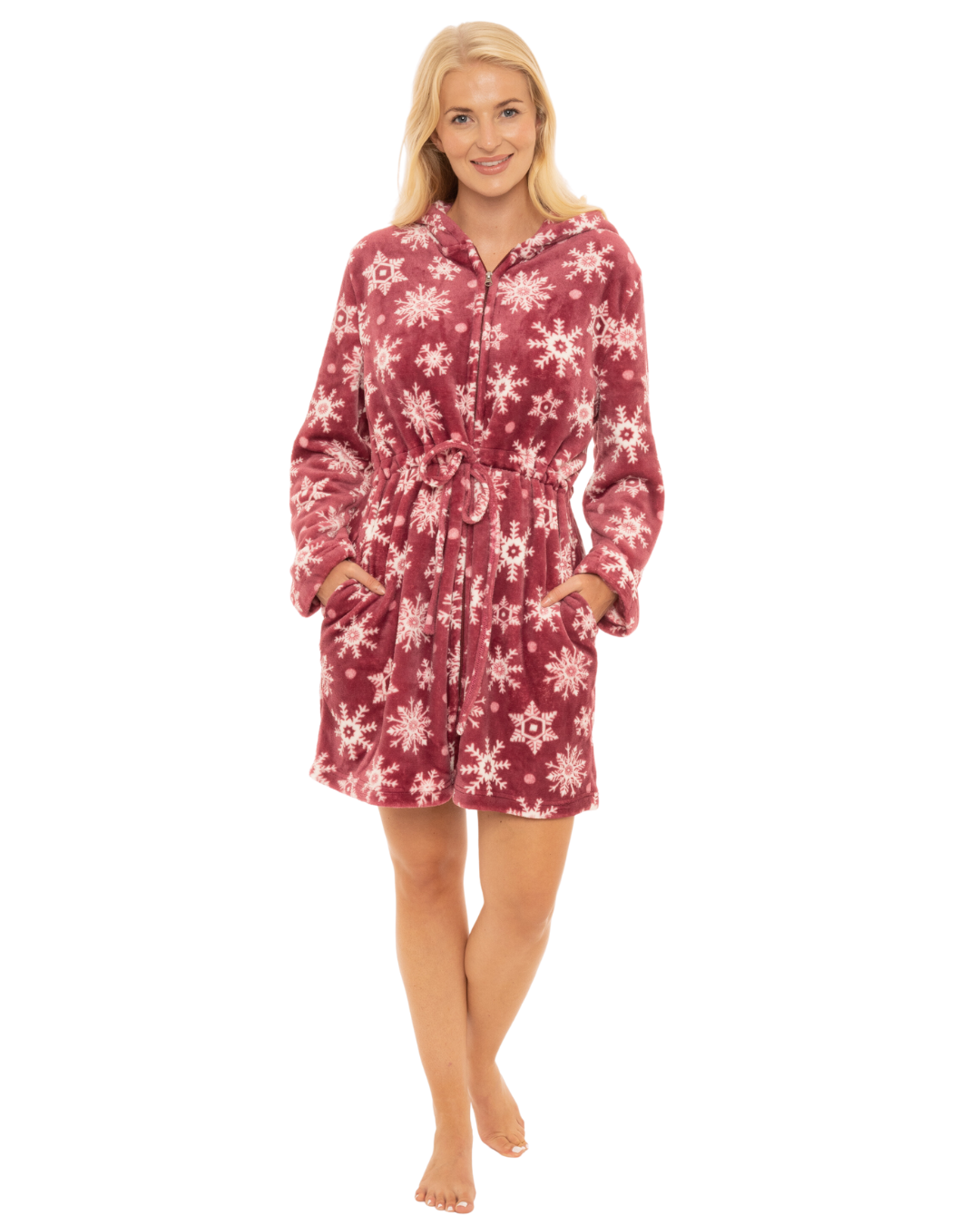 Women's Snowflake Fleece Zip & Tie Waist Hooded Short Dressing Gown wit Pockets