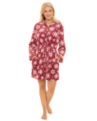 Women's Snowflake Fleece Zip & Tie Waist Hooded Short Dressing Gown wit Pockets