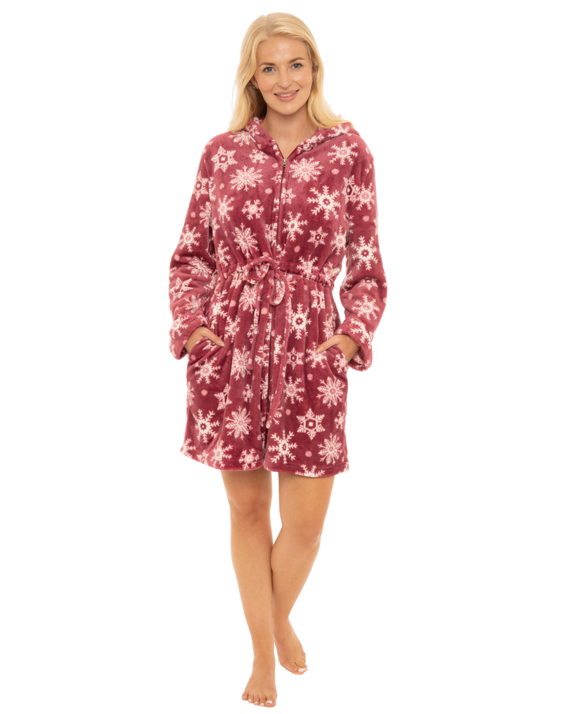 Women's Snowflake Fleece Zip & Tie Waist Hooded Short Dressing Gown wit Pockets