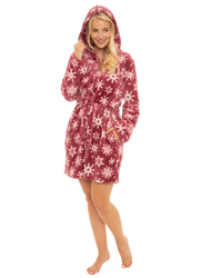 Women's Snowflake Fleece Zip & Tie Waist Hooded Short Dressing Gown wit Pockets