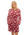 Women's Snowflake Fleece Zip & Tie Waist Hooded Short Dressing Gown wit Pockets