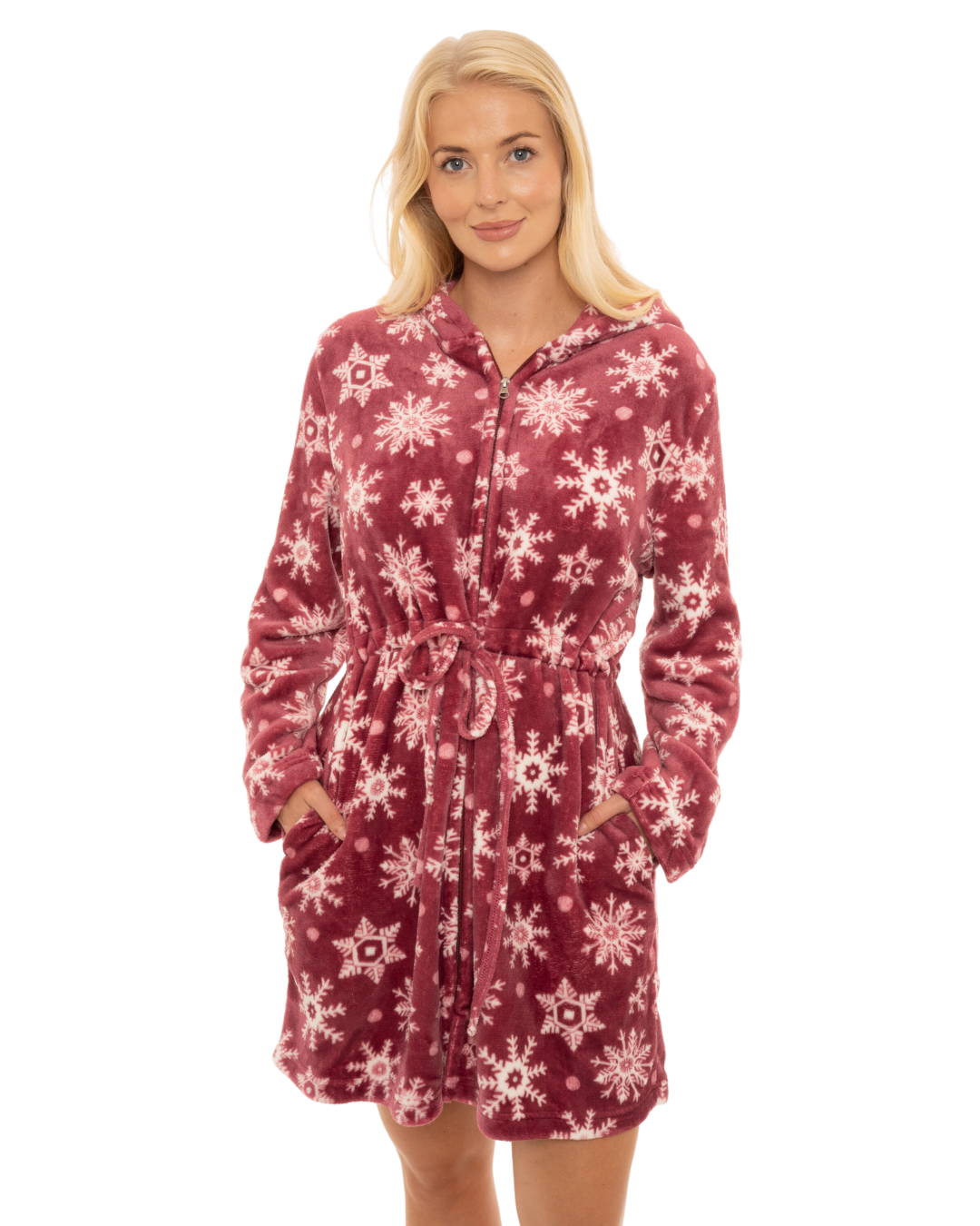 Women's Snowflake Fleece Zip & Tie Waist Hooded Short Dressing Gown wit Pockets