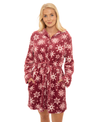 Women's Snowflake Fleece Zip & Tie Waist Hooded Short Dressing Gown wit Pockets