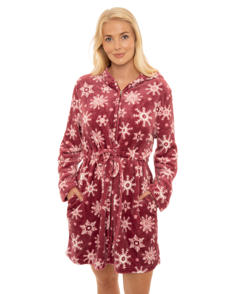 Women's Snowflake Fleece Zip & Tie Waist Hooded Short Dressing Gown wit Pockets