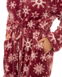 Women's Snowflake Fleece Zip & Tie Waist Hooded Short Dressing Gown wit Pockets
