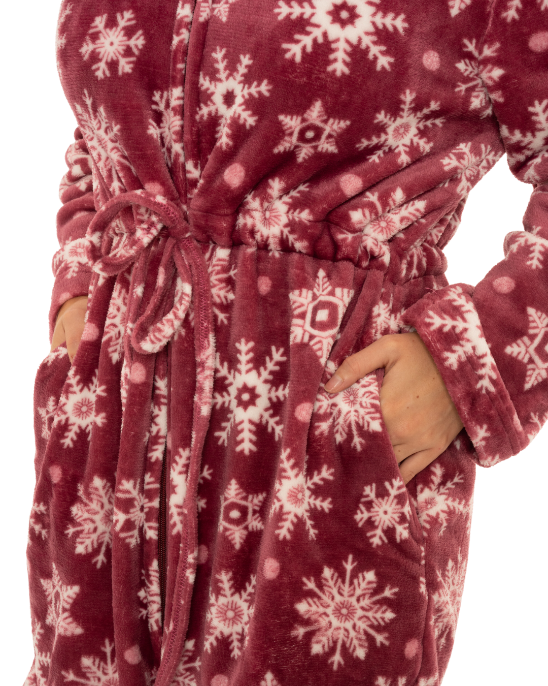 Women's Snowflake Fleece Zip & Tie Waist Hooded Short Dressing Gown wit Pockets
