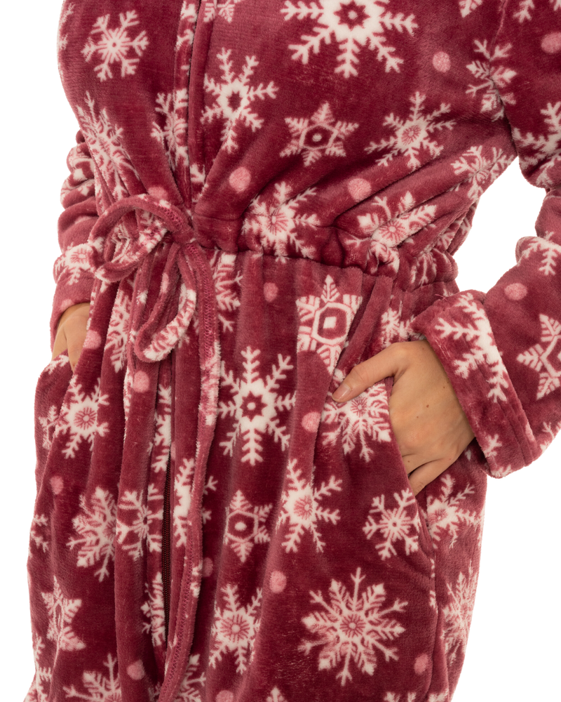 Women's Snowflake Fleece Zip & Tie Waist Hooded Short Dressing Gown wit Pockets
