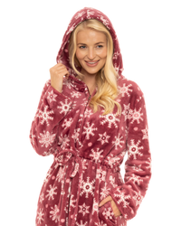 Women's Snowflake Fleece Zip & Tie Waist Hooded Short Dressing Gown wit Pockets