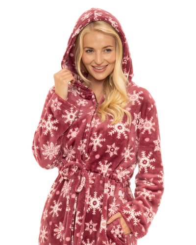 Women's Snowflake Fleece Zip & Tie Waist Hooded Short Dressing Gown wit Pockets